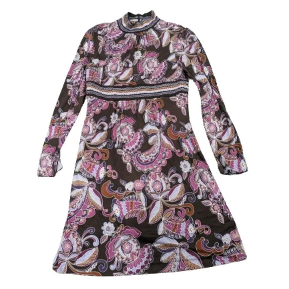 Trina Turk Brown Pink Silk Paisley Print High Neck Long Sleeve Dress Size 8 - Picture 1 of 10
